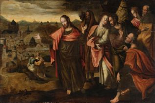 Flemish school ca. 1600."Jesus and the Apostles".Oil on panel. Engatillada.It presents