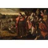 Flemish school ca. 1600."Jesus and the Apostles".Oil on panel. Engatillada.It presents