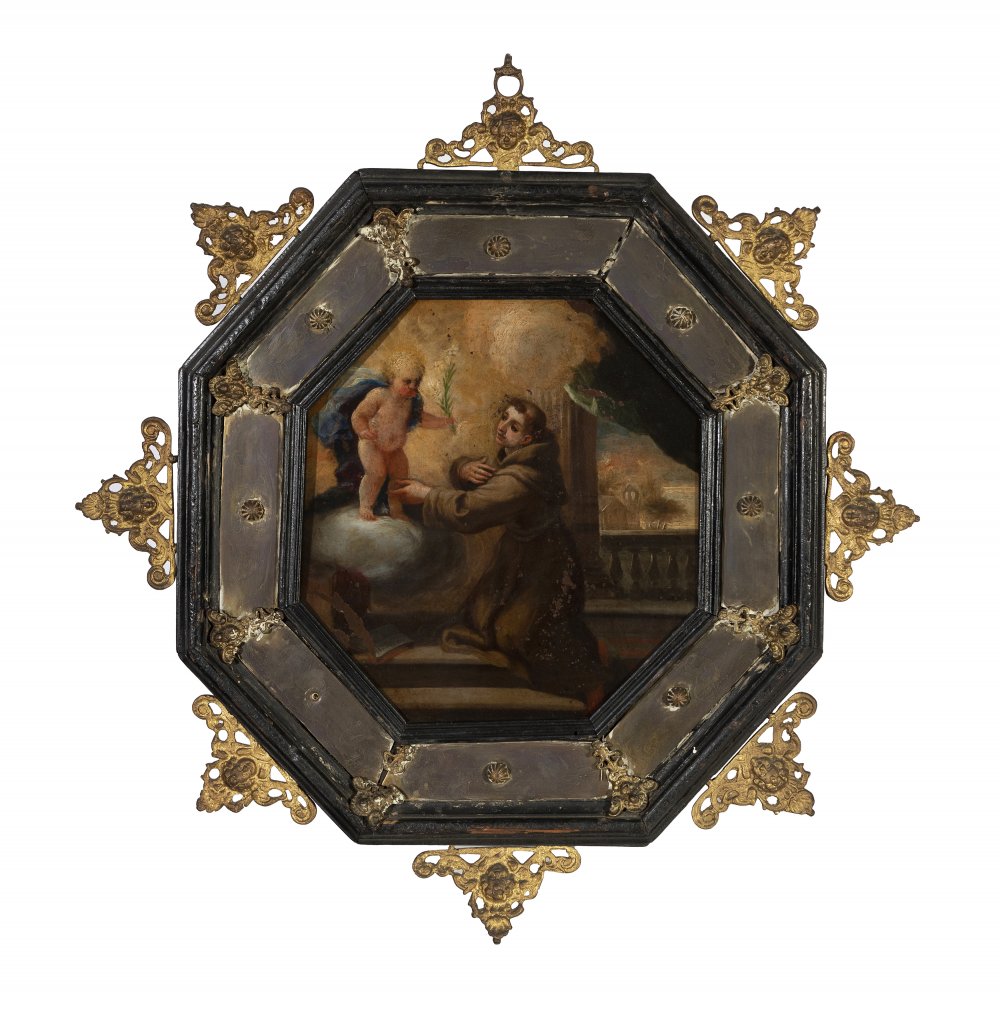 Spanish school of ca. 1700."Apparition of the Infant Jesus to Saint Anthony".Oil on copper in