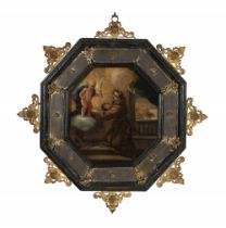 Spanish school of ca. 1700."Apparition of the Infant Jesus to Saint Anthony".Oil on copper in