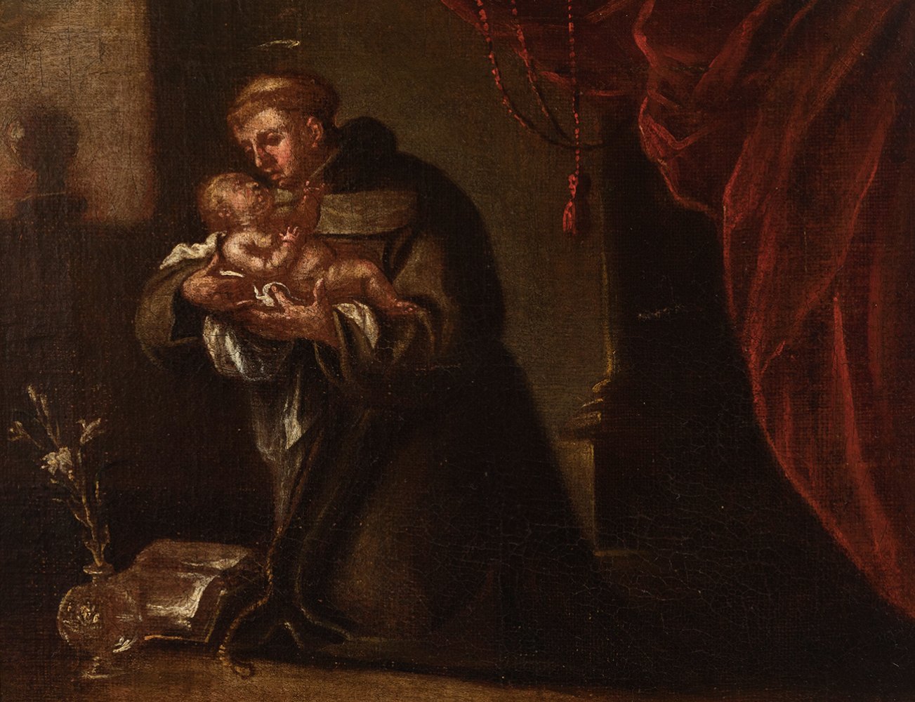 Spanish school; late 17th century."Saint Anthony of Padua with Child".Oil on canvas.It has a Spanish