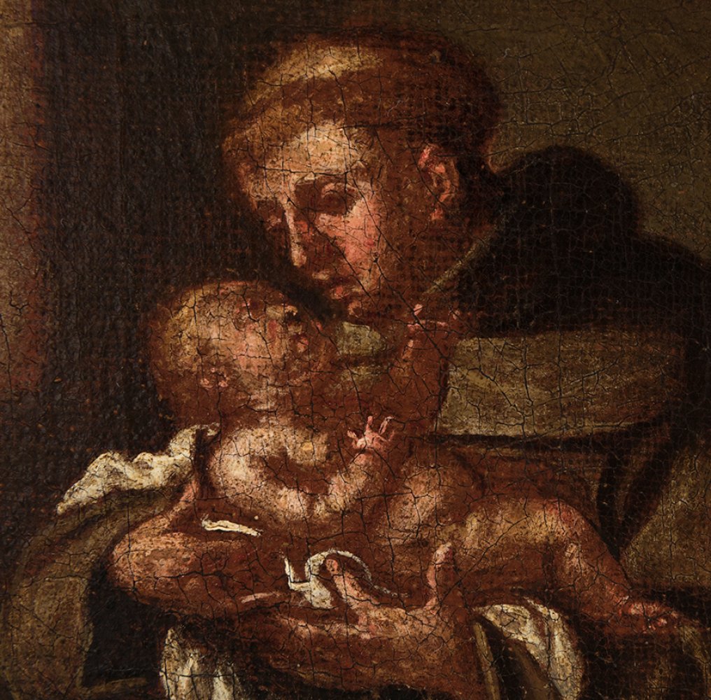 Spanish school; late 17th century."Saint Anthony of Padua with Child".Oil on canvas.It has a Spanish - Image 3 of 4
