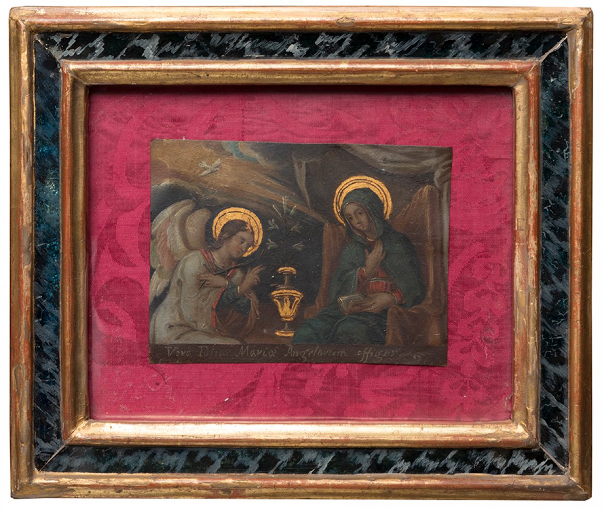 Spanish or Novo-Hispanic school of the 17th century."Annunciation".Oil on copper.It has a polychrome - Image 4 of 4