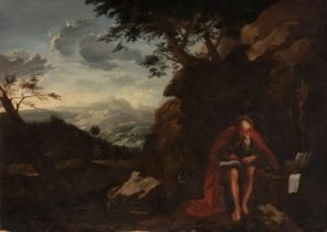 Italian school of the second half of the 17th century."Penitent Saint Jerome".Oil on canvas. Re-