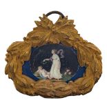 French school of the late 18th century."Crowned Cupid".Gouache on paper.Bronze frame from the 19th
