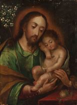 Novo-Hispanic school of the 17th century."Saint Joseph with Child".Oil on canvas.It presents