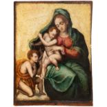 European school; 17th century."Virgin, Child and Saint John the Baptist".Oil on panel.Cracked.