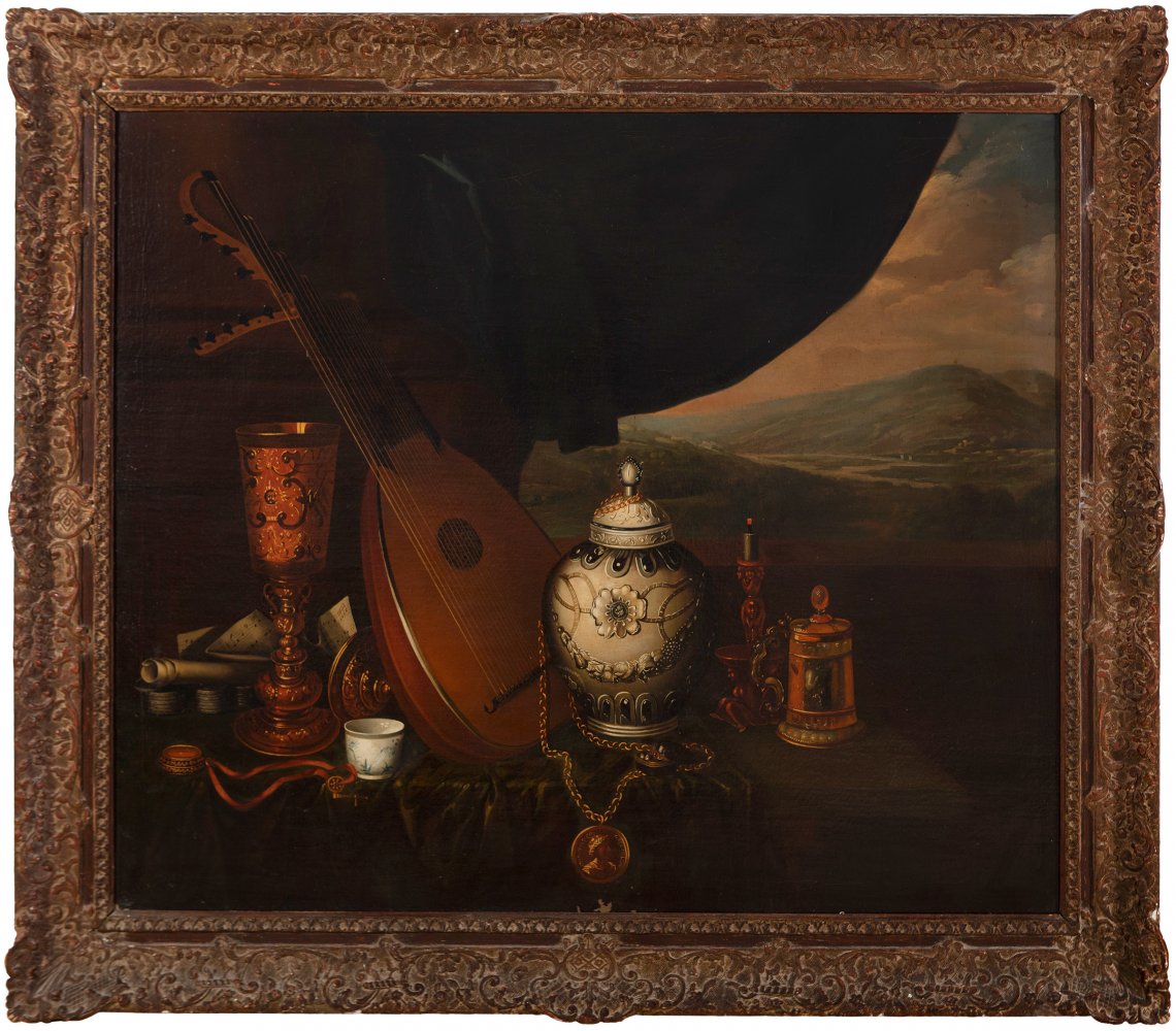 French or Flemish school of the 18th century."Still life with lute".Oil on canvas.Period frame and - Image 6 of 7