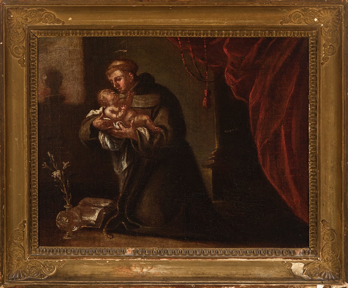 Spanish school; late 17th century."Saint Anthony of Padua with Child".Oil on canvas.It has a Spanish - Image 4 of 4
