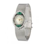 CYMA ladies' watch. In 18kt white gold, diamonds and emeralds. White dial, with black and gold