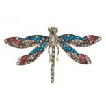 Brooch dragonfly in gold, silver and enamel. S, XX. Modernist style. Model of naturalistic