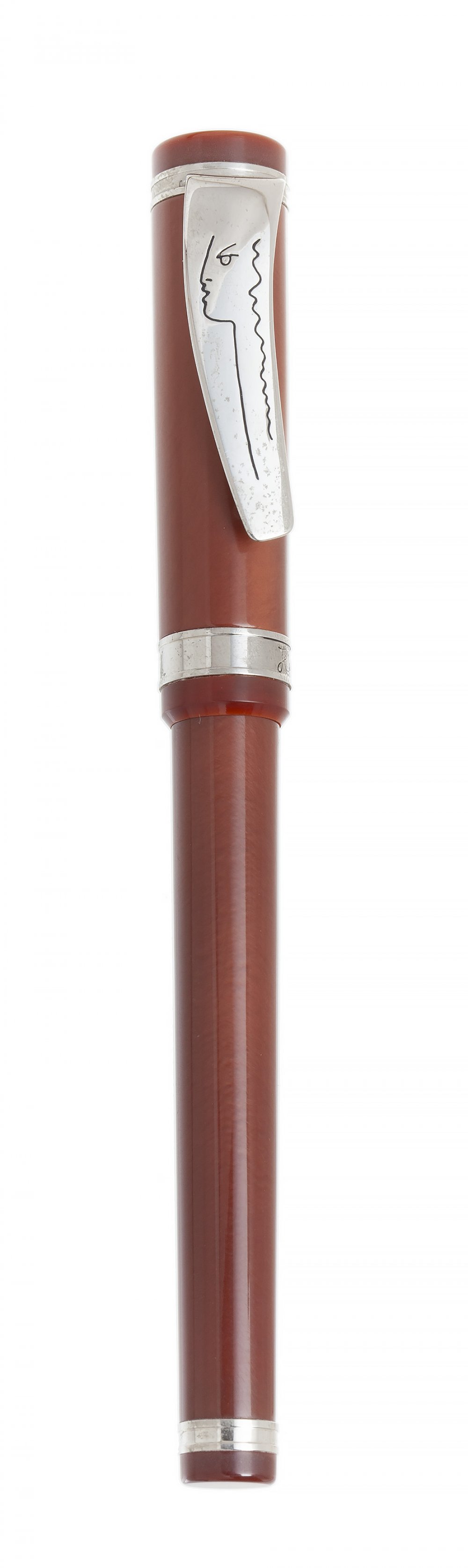 FRANCOIS-YVES LUTHIER "JEAN COCTEAU" FOUNTAIN PEN.Brown galatite barrel and silver plated