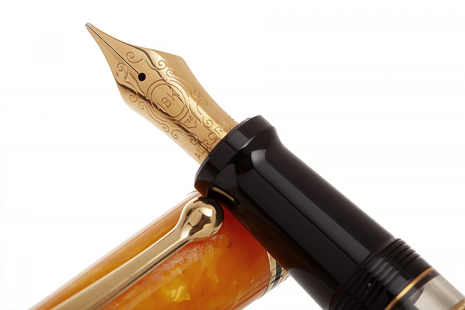 AURORA "SOLE" FOUNTAIN PEN, 1996.Orange and black and gold marbled resin barrel.Nib in 18 Kts - Image 3 of 3