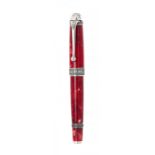 AURORA "85TH ANNIVERSARY" FOUNTAIN PEN.Marbled red resin barrel and silver details.Limited
