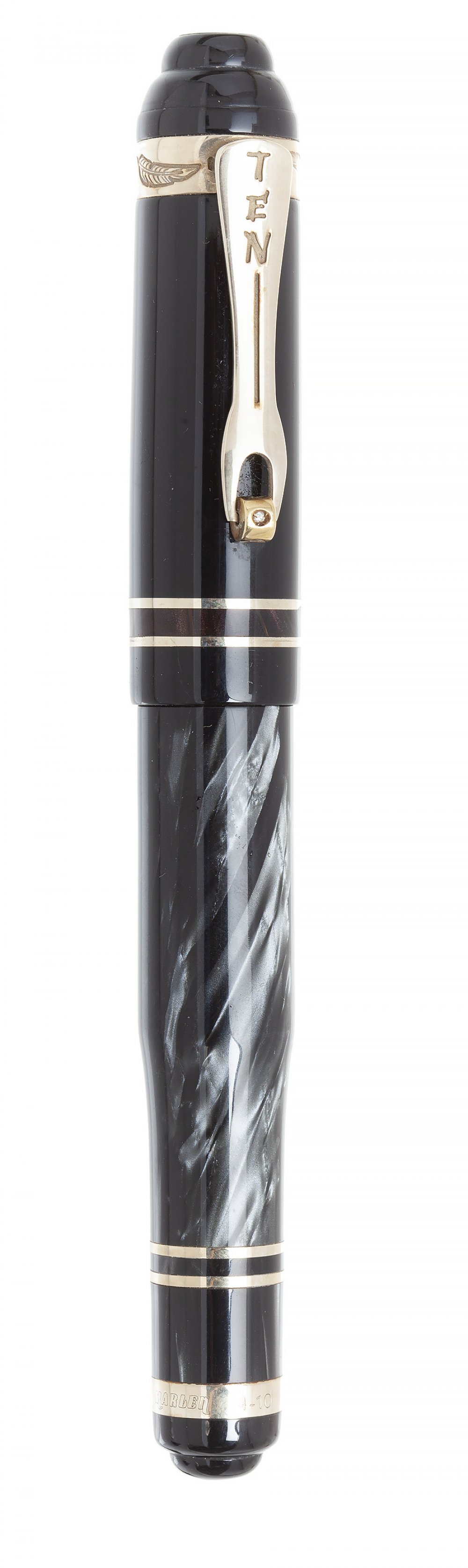 MARLEN "TEN" FOUNTAIN PEN.Black resin barrel with silver accents.Limited edition.Two-tone 18kt