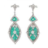 Pair of long earrings with movement, in platinum, diamonds and enamel. Model featuring magnificent