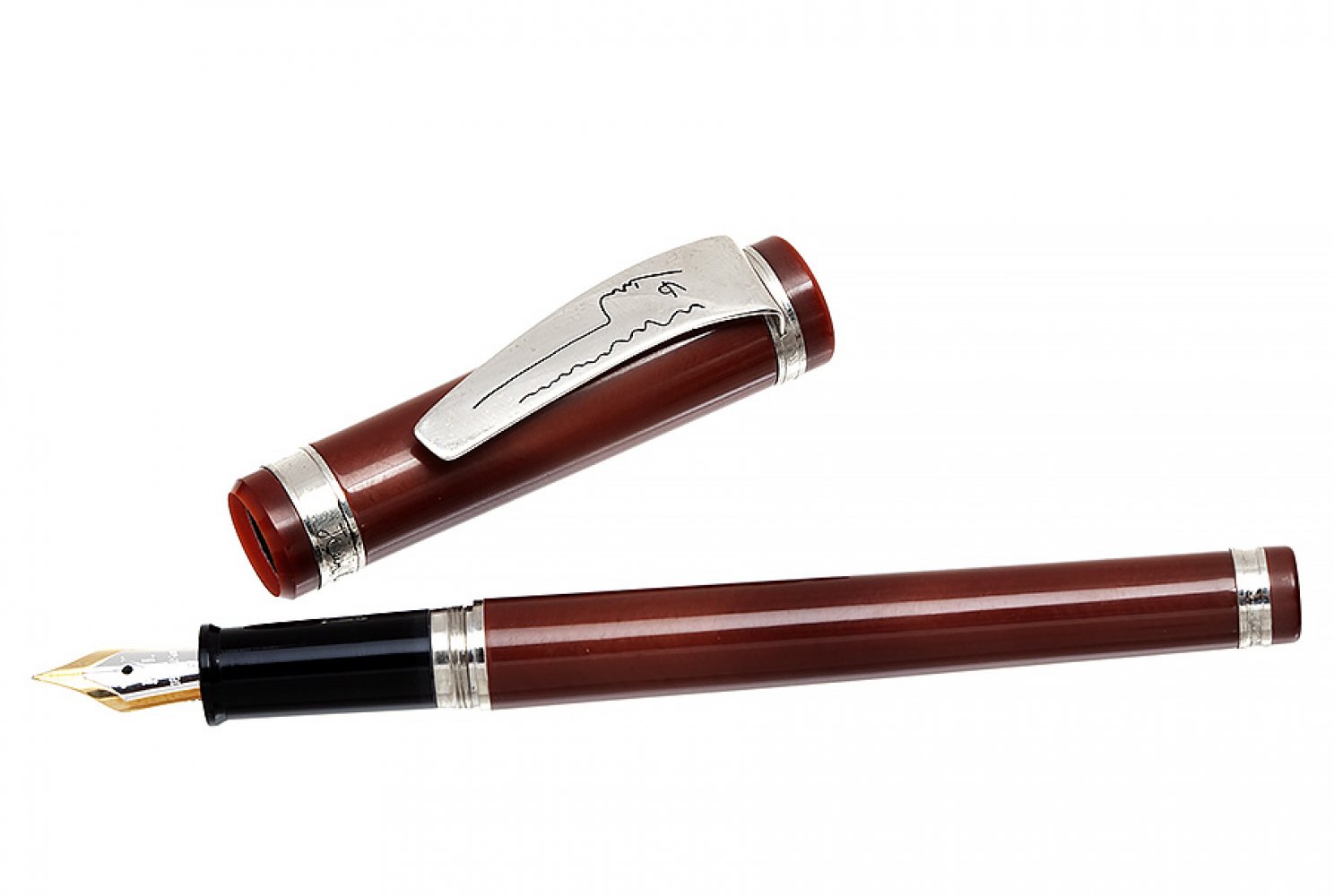 FRANCOIS-YVES LUTHIER "JEAN COCTEAU" FOUNTAIN PEN.Brown galatite barrel and silver plated - Image 2 of 2