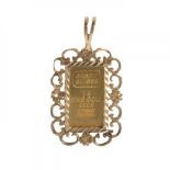Gold ingot. With frame for use as a pendant.Weight: 2.4 g.Size: 3 x 1,5 cm.