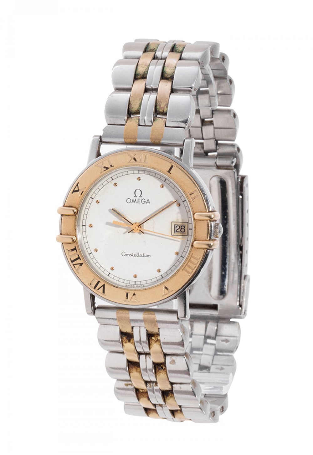 OMEGA CONSTELLATION ladies' wristwatch in gold and steel. White dial, dot numerals, baton hands,