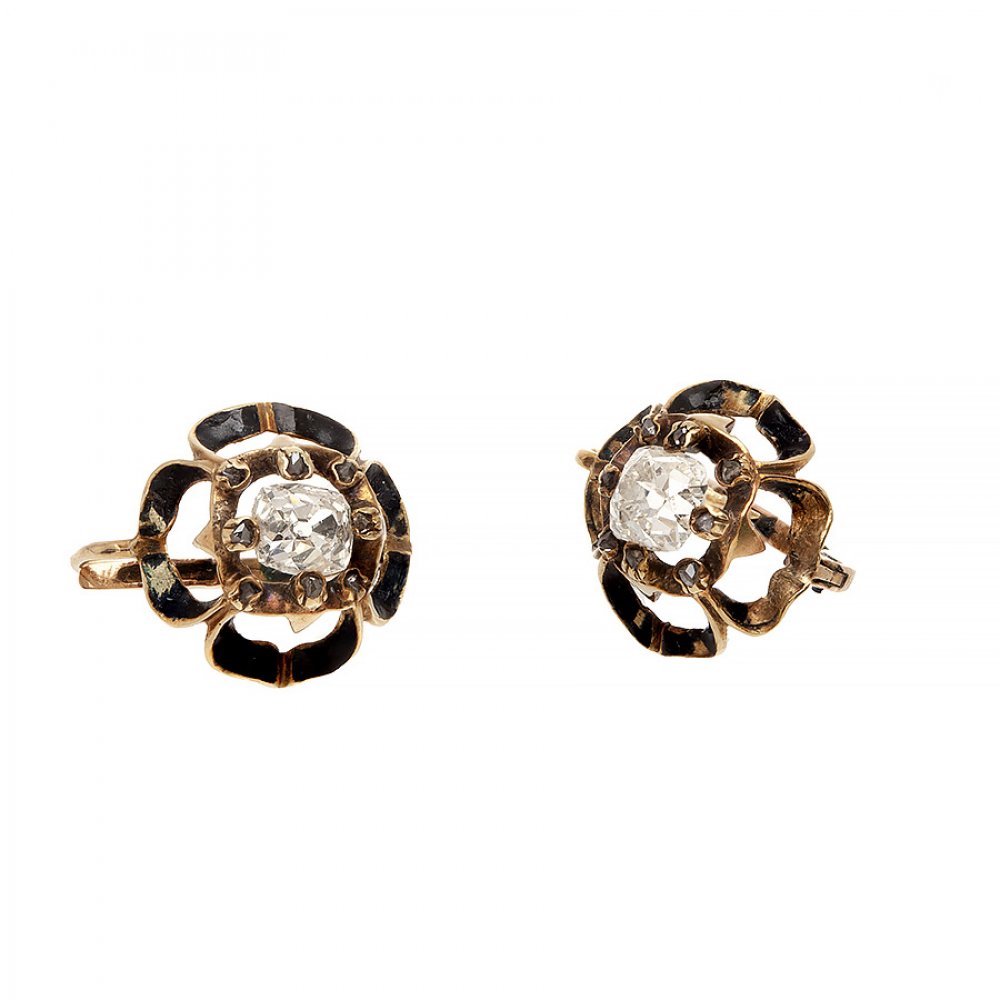 Pair of 18 kt yellow gold earrings. from the end of the 19th century, in the shape of a flower, with - Image 3 of 4