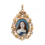 Medal in yellow gold and enamel and diamonds. Image of the Immaculate Virgin, in enamel with
