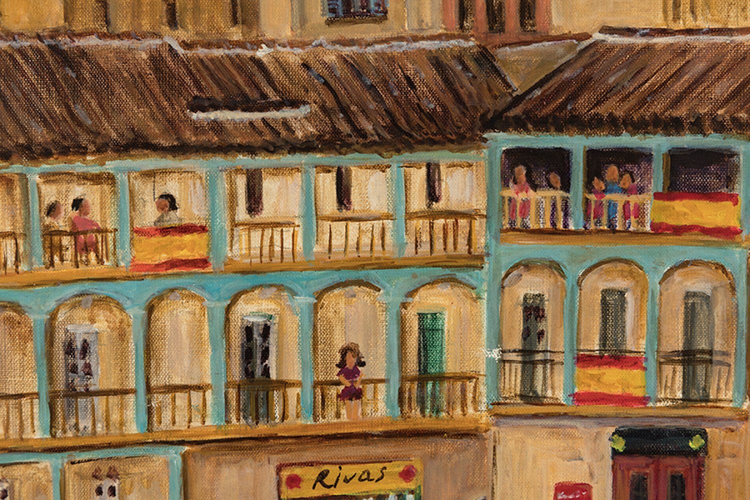 MARÍA POP (Athens, 1925-2009)."Plaza de Chinchón", 1972.Oil on canvas.Signed and dated in the - Image 3 of 7