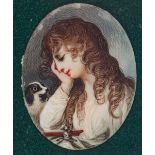 English school, ca. 1800."Portrait of a lady with a dog.Gouache on vellum.Bronze frame.It presents