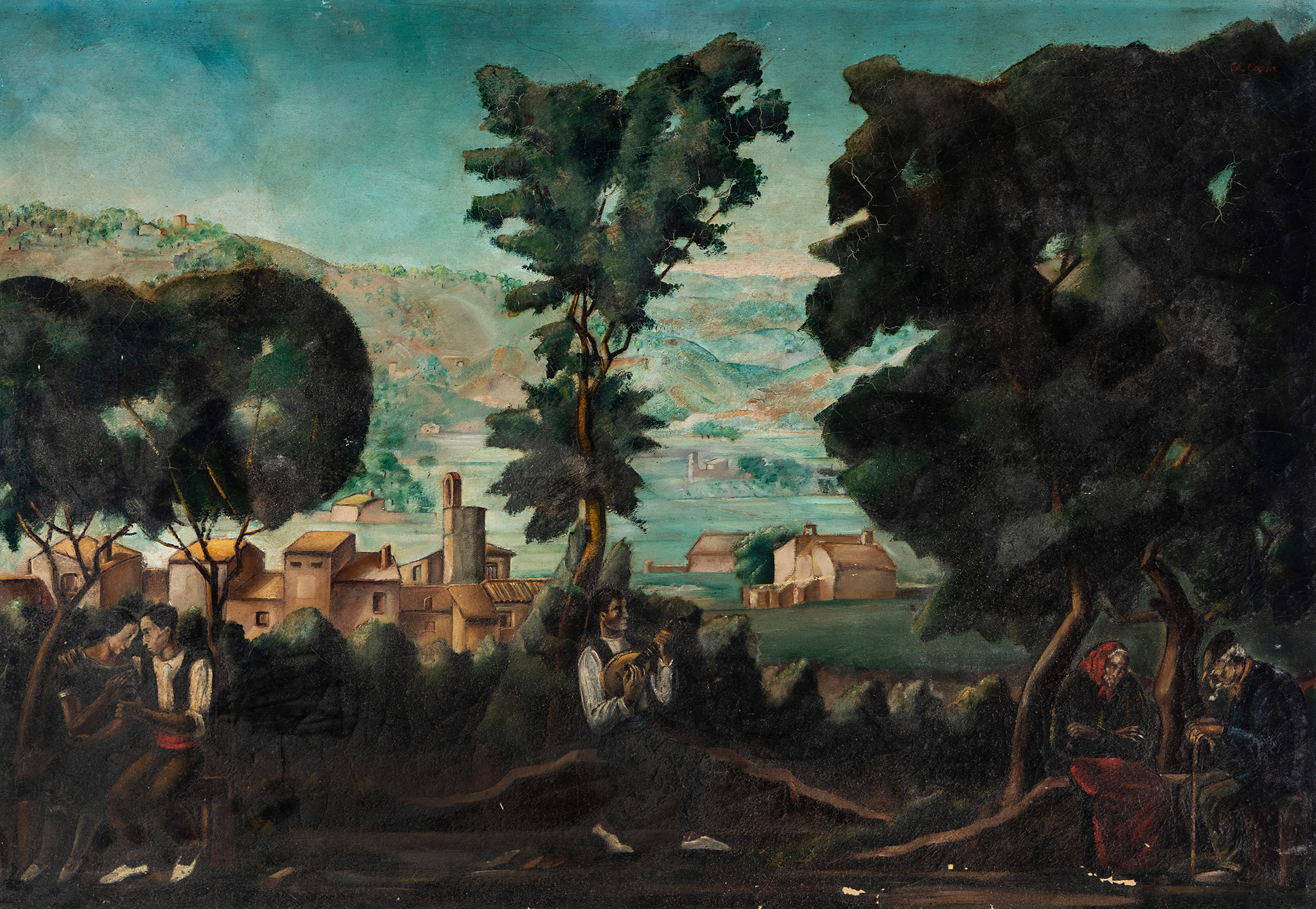 ANTONI COSTA TORRAS (Barcelona, 1904 - 1965)."Landscape with figures".Oil on canvas.Signed in the