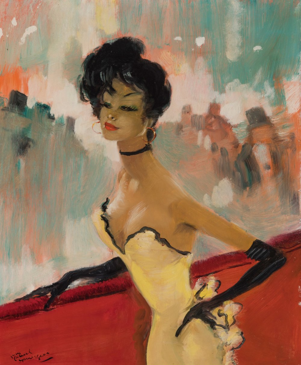 JEAN-GABRIEL DOMERGUE (France, 1889 - 1962)."Casino de Paris".Oil on masonite.With label on the