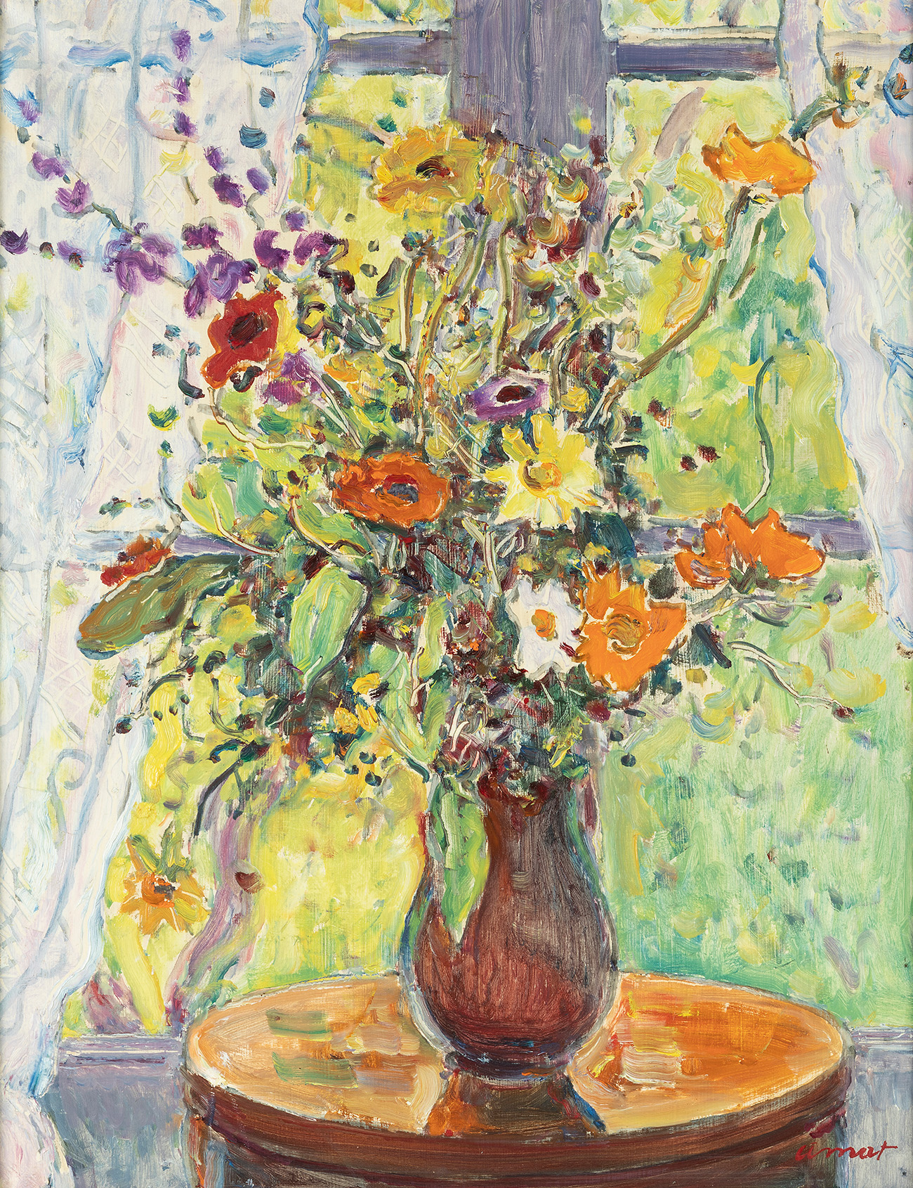 JOSEP AMAT PAGÈS (Barcelona, 1901 - 1991)."Flors, gerro fosc".Oil on canvas.Signed in the lower