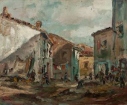 NICOLÁS RAURICH PETRE (Barcelona, 1871 - 1945).Paisaje de pueblo" ("Village Landscape").Oil on