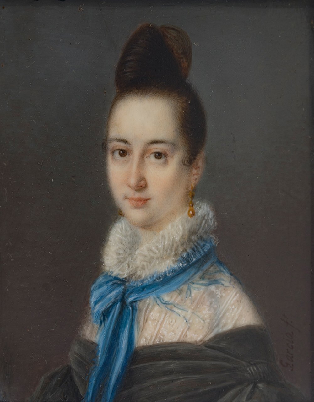 Spanish school ca. 1830."Portrait of a lady.Gouache on vellum.Signed "García fecit".Silver frame.