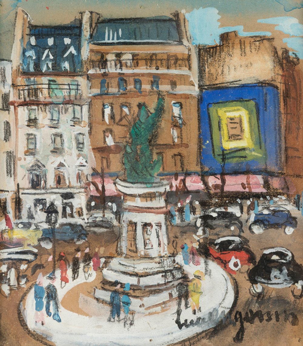 LUCIEN GENIN (Rouen, 1894 - Paris 1953)."Place sur le Boulevard".Gouache and charcoal on paper.