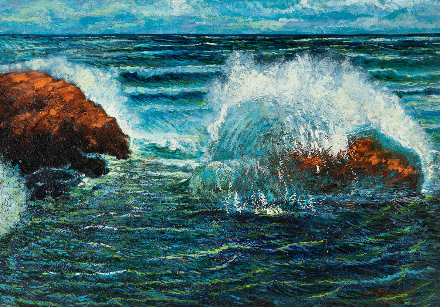 Mexican school of the late 19th and early 20th centuries. XX."Breaking waves".Oil on canvas,