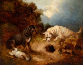 ROBERT CLEMINSON (England, 1864-1903)."Dogs by the Burrow".Oil on canvas.Signed in the lower right