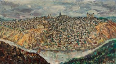 JOSÉ AGUIAR (Vueltas de Santa Clara, Cuba, 1898 - Madrid, 1976)."View of Toledo".Oil on canvas.