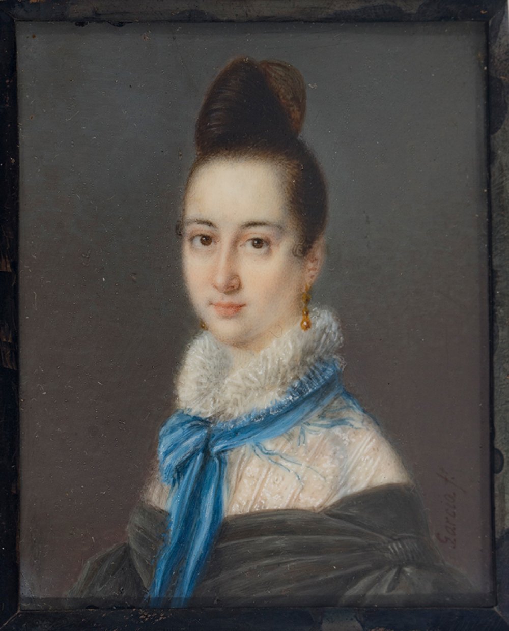 Spanish school ca. 1830."Portrait of a lady.Gouache on vellum.Signed "García fecit".Silver frame. - Image 4 of 4