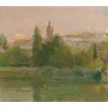 JOAQUÍN SÁENZ (Seville, 1931-2017)."Sunset in Triana".1988.Oil on canvas.Signed and dated in the