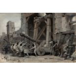 LUDOVICO POGLIAGHI (Milan, 1857 -, Varese, 1950)."Siege. 1890.Oil on paper pasted on cardboard.