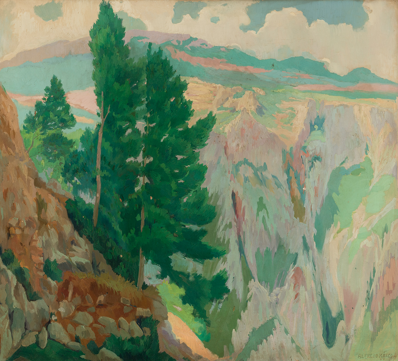 Spanish school of the 20th century. "Landscape".Oil on canvas,With label on the back.It has