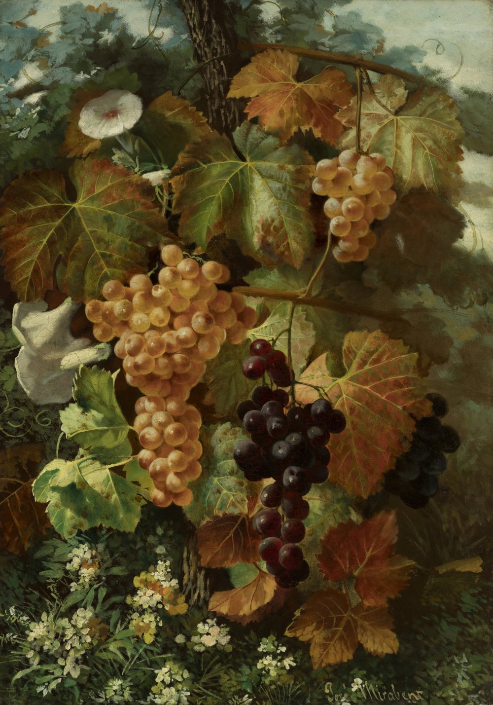 JOSÉ MIRABENT GATELL (Barcelona, 1831 - 1899)."Clusters of Grapes in a Truncheon".Oil on panel.