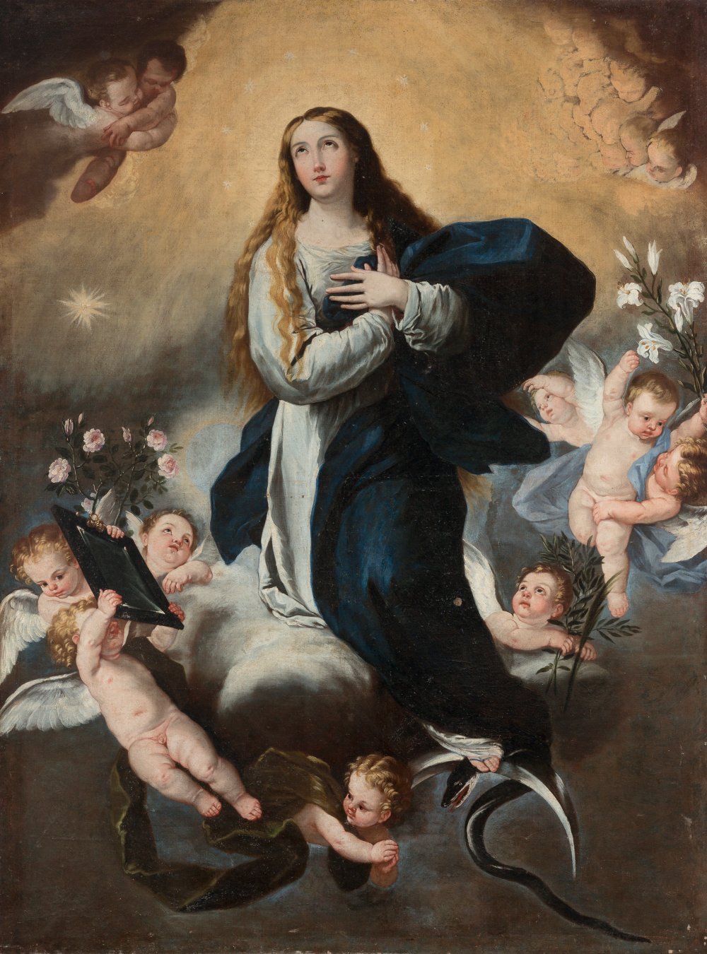 Neapolitan school of the 17th century."Immaculate Conception".Oil on canvas. Re-embellished.The