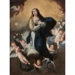 Neapolitan school of the 17th century."Immaculate Conception".Oil on canvas. Re-embellished.The