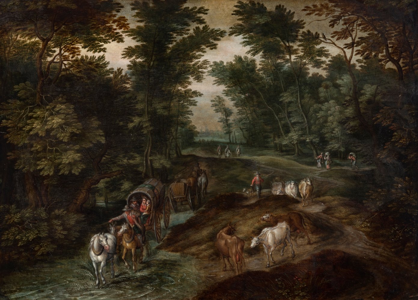 Atelier of JAN BRUEGHEL I (Brussels, 1568 - Antwerp, 1625)"Landscape with Carriages and Animals.