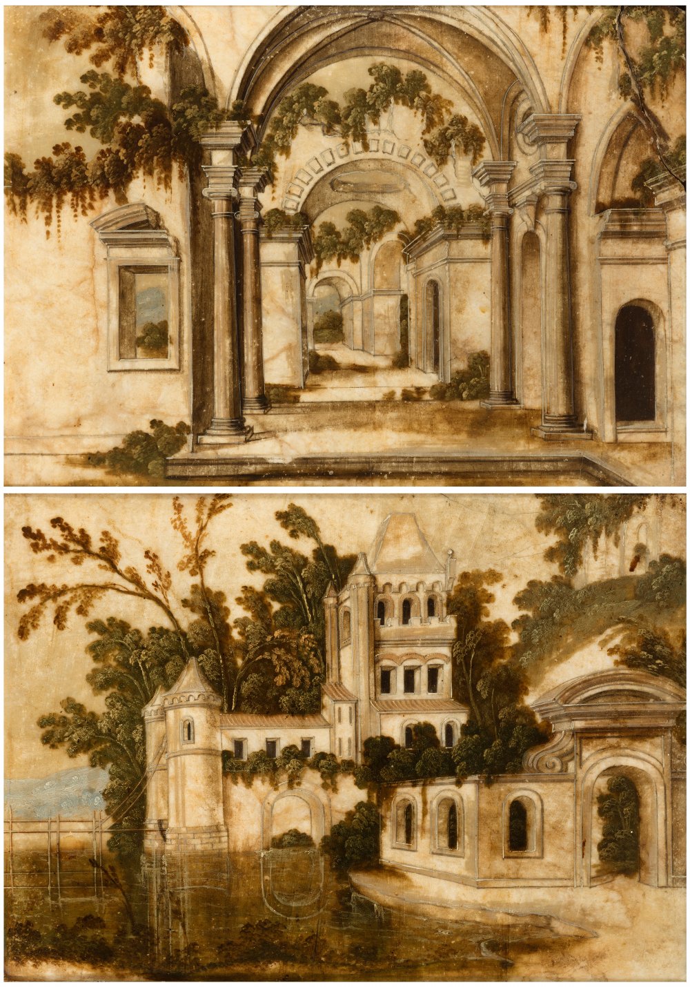 Italian school of the late 17th-early 18th century."Caprices".Pair of oil paintings on alabaster.One