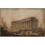 French school of ca. 1780."Greek Temple".Ink and watercolour on paper glued to cardboard.With faults