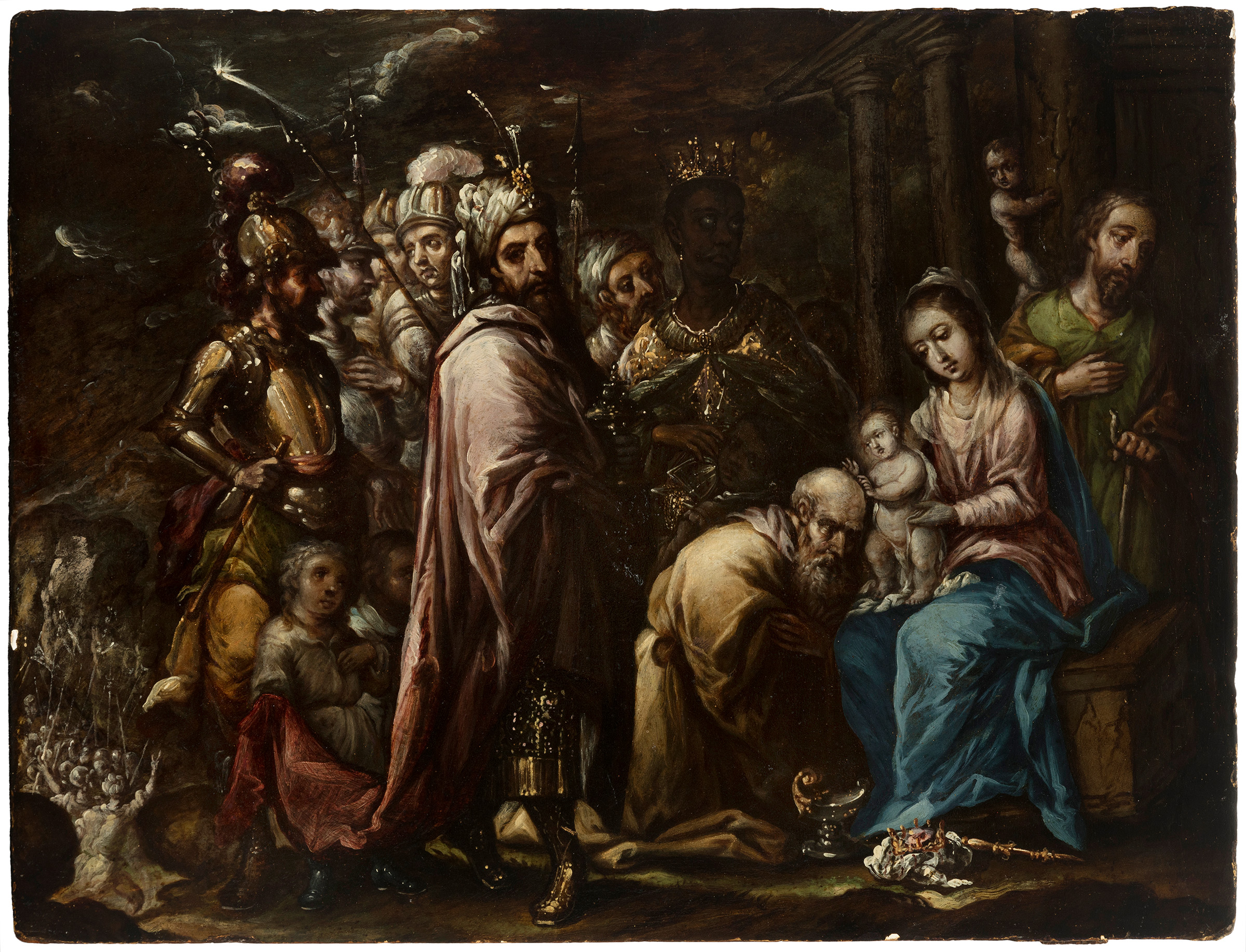 CRISTOBAL DE VILLALPANDO (Mexico City, circa 1649 - 1714). "Adoration of the Magi.Oil on panel.