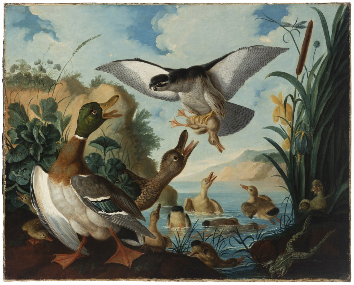 VENCESLAO WEHRLIN (Italy, 1746 (?) -1780)."Hawk Hunting a Baby Duck".Oil on canvas.Signed at lower