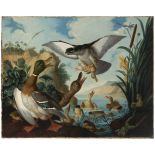 VENCESLAO WEHRLIN (Italy, 1746 (?) -1780)."Hawk Hunting a Baby Duck".Oil on canvas.Signed at lower