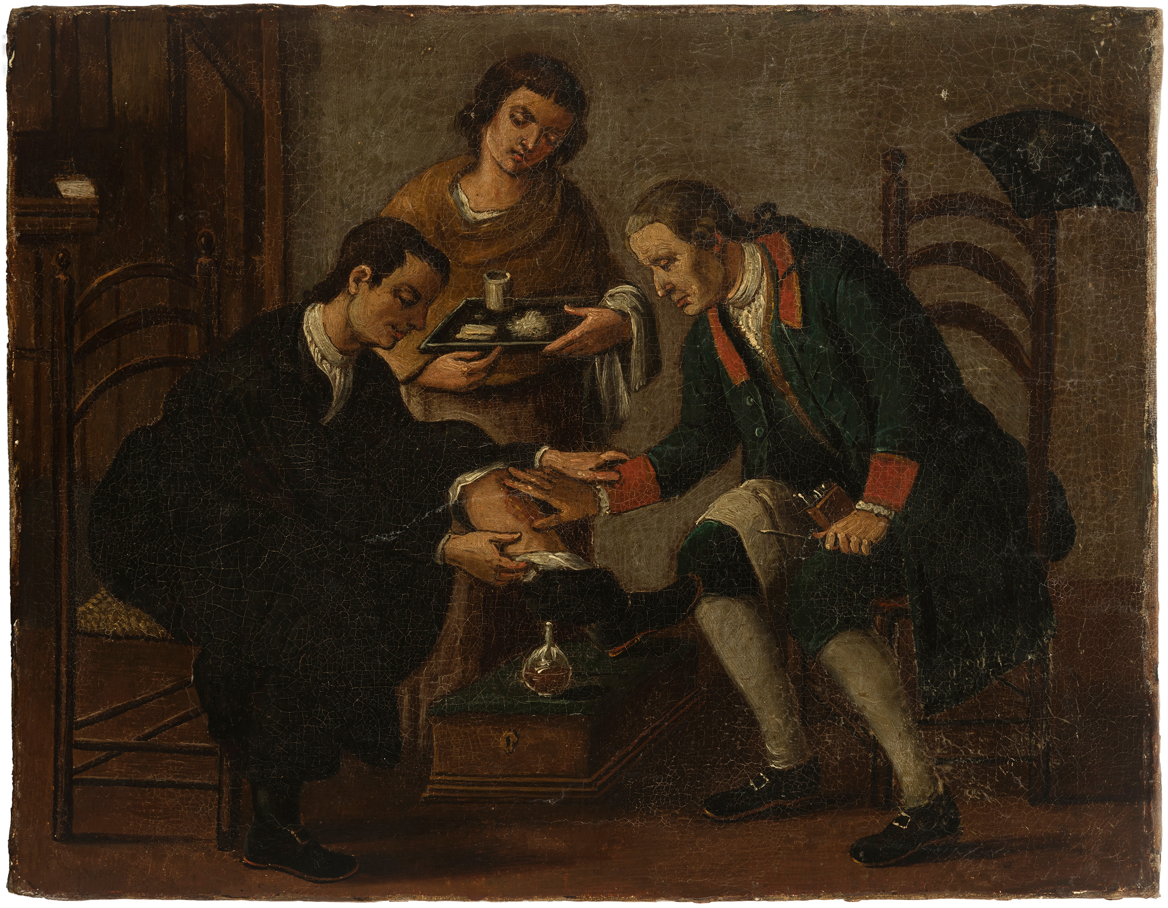 American school of the second half of the 18th century."Visit to the doctor".Oil on canvas. Re-